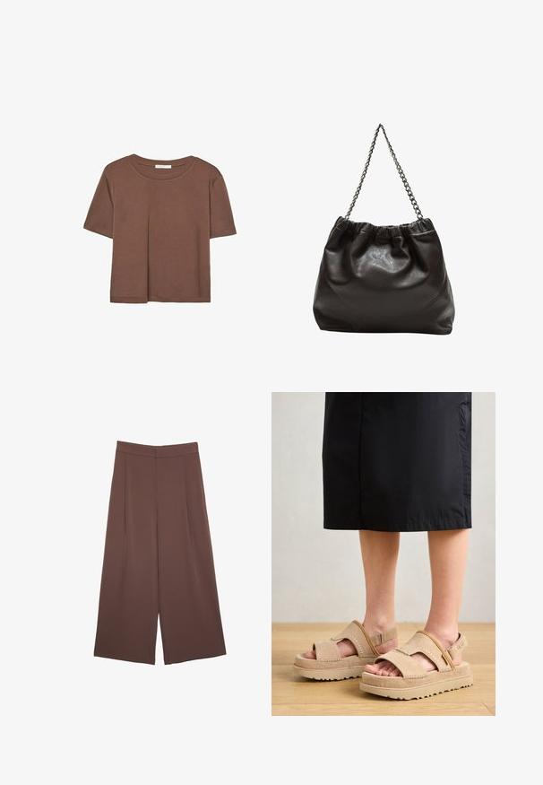 Brown short-sleeve t-shirt made of soft fabric, with a round neckline and relaxed fit. No visible patterns or accents.; Brown wide-leg trousers with a smooth texture, featuring a high waist and front pleats. The fabric is lightweight and flows loosely.; Beige suede sandals with an open-toe design, thick sole, and adjustable strap. Features stitched accents and a textured surface.; Brown leather bag with a gathered top and a chain strap. Smooth texture with a glossy finish and subtle seam detailing on the sides.