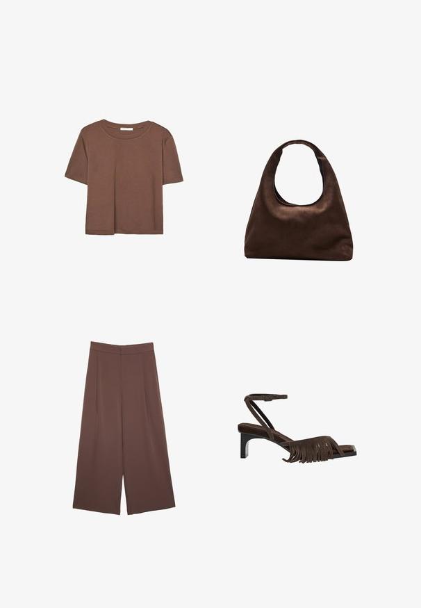 Rjava kratka majica s kratkimi rokavi iz mehkega materiala, s krožnim izrezom in ohlapnim krojem. Brez vidnih vzorcev ali dodatkov.; Rjave široke hlače z gladko teksturo, ki imajo visok pas in sprednje naborke. Tkanina je lahka in prosto pada.; Rjavi semiš sandal z detajli fringa, paščkom okoli gležnja in nizko kvadratno peto. Ima eleganten, minimalistični dizajn z subtilno teksturo.; Mehakna rjava torbica v hobo stilu z enim širokim trakom in ukrivljenim odprtjem na vrhu, prikazana na beli podlagi.