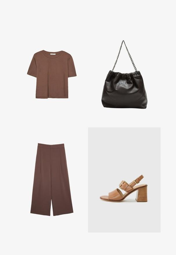 T-shirt marron à manches courtes en tissu doux, avec un col rond et une coupe décontractée. Aucun motif ni accent visible.; Pantalons larges marron avec une texture lisse, dotés d'une taille haute et de plis à l'avant. Le tissu est léger et tombe de manière fluide.; Sandales à talons en cuir marron avec une large bride avant, une bride de cheville réglable avec une boucle en or et un talon en bloc texturé.; Sac en cuir marron avec un haut froncé et une bandoulière en chaîne. Texture lisse avec une finition brillante et des coutures subtiles sur les côtés.