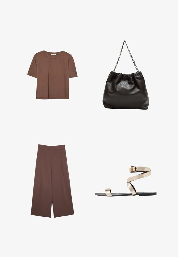 Kahvinsävyinen lyhythihainen t-paita, joka on valmistettu pehmeästä kankaasta. Pyöreä pääntie ja rento malli. Ei näkyviä kuvioita tai koristeita.; Ruskeat leveälahkeiset housut, joissa on sileä pinta, korkea vyötärö ja etupleat. Kangas on kevyttä ja laskeutuu väljänä.; Kultaiset metalliset tasapohjaiset sandaalit minimalistisella designilla, joissa on kaksi ohutta hihnaa ja nilkkahihna soljella. Teksturoitu sisäpohja, musta ulkopohja.; Ruskea nahkainen laukku, jossa on kerätty yläosa ja ketjuhihna. Tasainen pinta, jossa kiiltävä viimeistely ja hienovaraiset sauman yksityiskohdat sivuilla.