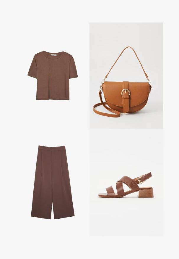 Braunes, kurzärmliges T-Shirt aus weichem Material mit rundem Halsausschnitt und lockerer Passform. Keine sichtbaren Muster oder Akzente.; Braune Weite-Leg-Hosen mit einer glatten Textur, hoher Taille und Vorderfalten. Der Stoff ist leicht und fällt locker.; Braune Ledersandale mit einem Kreuzriemen-Design, verstellbarem Knöchelverschluss und einem niedrigen, gestapelten Blockabsatz mit strukturierter Oberfläche.; Braune Leder-Crossbody-Tasche mit geschwungener Form, goldfarbenen Beschlägen und einer Schnallenakzentuierung. Verfügt über einen abnehmbaren Schultergurt.
