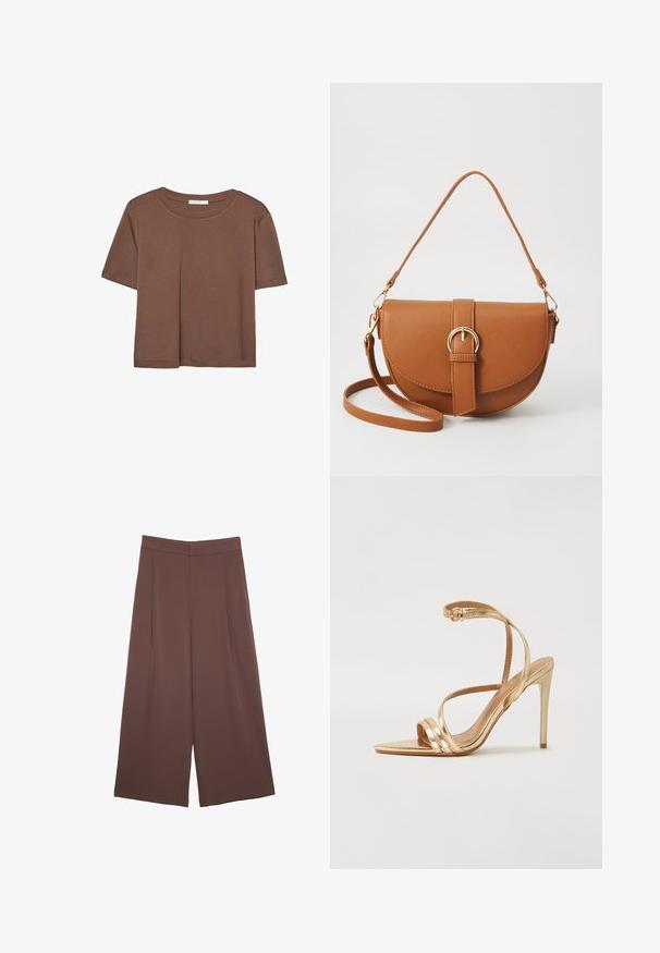 Braunes, kurzärmliges T-Shirt aus weichem Material mit rundem Halsausschnitt und lockerer Passform. Keine sichtbaren Muster oder Akzente.; Braune Weite-Leg-Hosen mit einer glatten Textur, hoher Taille und Vorderfalten. Der Stoff ist leicht und fällt locker.; Even&Odd High Heel Sandalette - gold; Braune Leder-Crossbody-Tasche mit geschwungener Form, goldfarbenen Beschlägen und einer Schnallenakzentuierung. Verfügt über einen abnehmbaren Schultergurt.