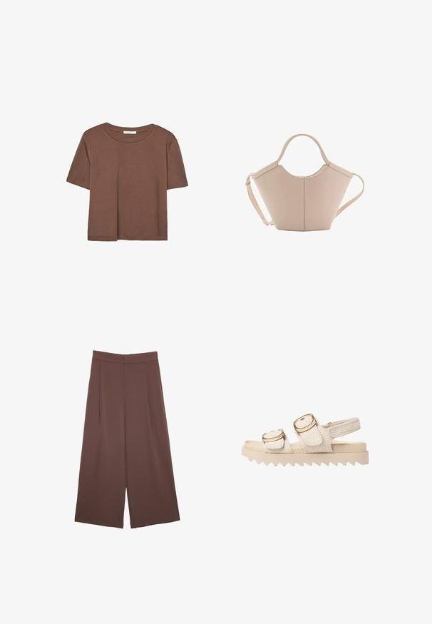 Brun kortærmet t-shirt lavet af blødt stof, med rund halsudskæring og afslappet pasform. Ingen synlige mønstre eller detaljer.; Brune bredbunde bukser med en glat tekstur, der har høj talje og plisseringer foran. Stoffet er let og falder løst.; Lys beige sandaler med strukturerede stofremme og hardware i guldfarve. Chunky sålen har zigzag mønster for ekstra greb og stabilitet.; Lysebrun læderhåndtaske med en unik form, featuring to korte håndtag og et langt justerbart rem. Glat tekstur med minimal hardware.