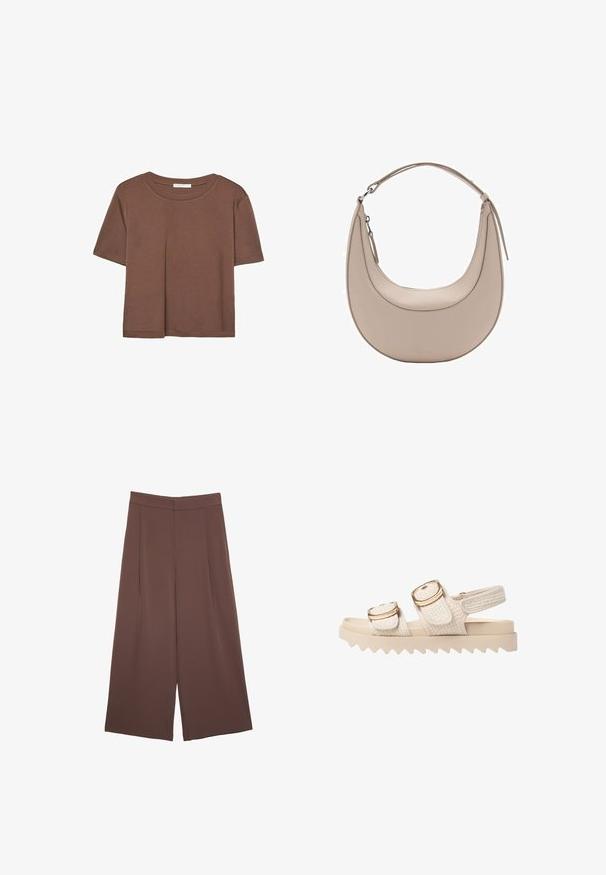 Braunes, kurzärmliges T-Shirt aus weichem Material mit rundem Halsausschnitt und lockerer Passform. Keine sichtbaren Muster oder Akzente.; Braune Weite-Leg-Hosen mit einer glatten Textur, hoher Taille und Vorderfalten. Der Stoff ist leicht und fällt locker.; Helle beige Sandalen mit strukturierten Stoffriemen und goldfarbenen Akzenten. Die klobige Sohle verfügt über ein Zickzackmuster für zusätzlichen Grip und Stabilität.; Beige Leder Schultertasche in Halbmondform, mit glatter Oberfläche und einem geschwungenen Henkel. Verfügt über einen Reißverschluss und saubere Nähte.