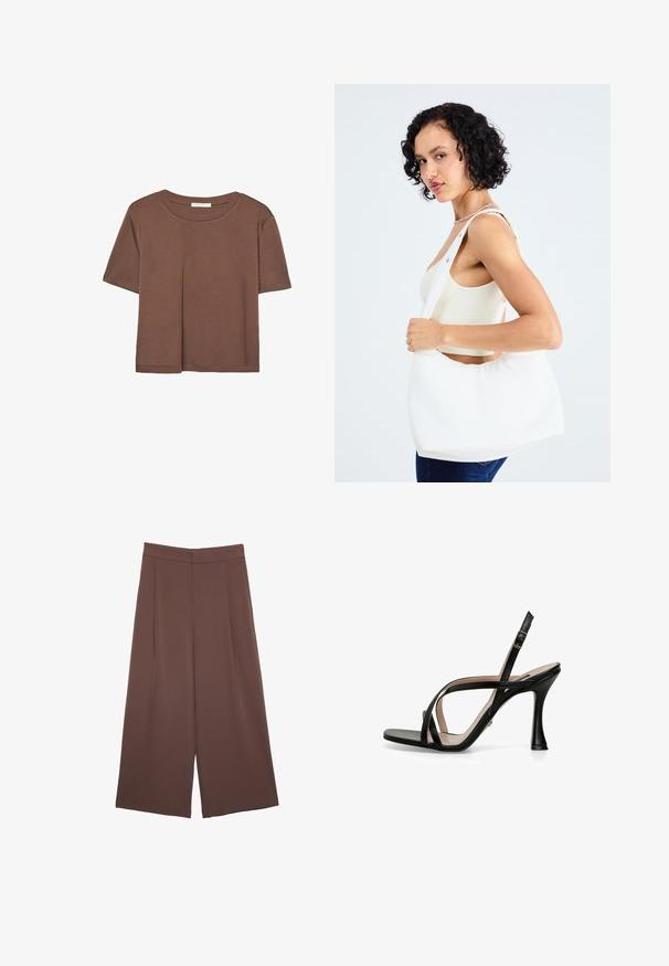 Hnědé tričko s krátkým rukávem vyrobené z měkké látky, s kulatým výstřihem a volným střihem. Bez viditelných vzorů nebo dekorací.; Hnědé široké kalhoty s hladkou texturou, vysokým pasem a předními záhyby. Materiál je lehký a volně splývá.; Nine West Páskové sandály - black; Bílá kabelka přes rameno vyrobená z hladkého materiálu, s oválným výřezem a širokým designem popruhu. Jednoduchá a moderní, bez viditelného hardwaru.