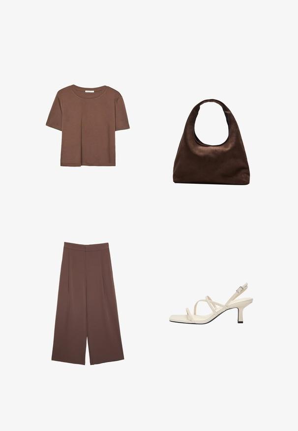 Kahvinsävyinen lyhythihainen t-paita, joka on valmistettu pehmeästä kankaasta. Pyöreä pääntie ja rento malli. Ei näkyviä kuvioita tai koristeita.; Ruskeat leveälahkeiset housut, joissa on sileä pinta, korkea vyötärö ja etupleat. Kangas on kevyttä ja laskeutuu väljänä.; Beige sandaalit, joissa on neliömäinen kärki, ohuet hihnat ja matala, lohkarekorko. Silkkinen materiaali, jossa on kontrastiväri musta reuna.; Pehmeä ruskea hobo-tyylinen käsilaukku, jossa on yksi leveä olkahihna ja kaareva yläosan aukko, esitelty valkoista taustaa vasten.