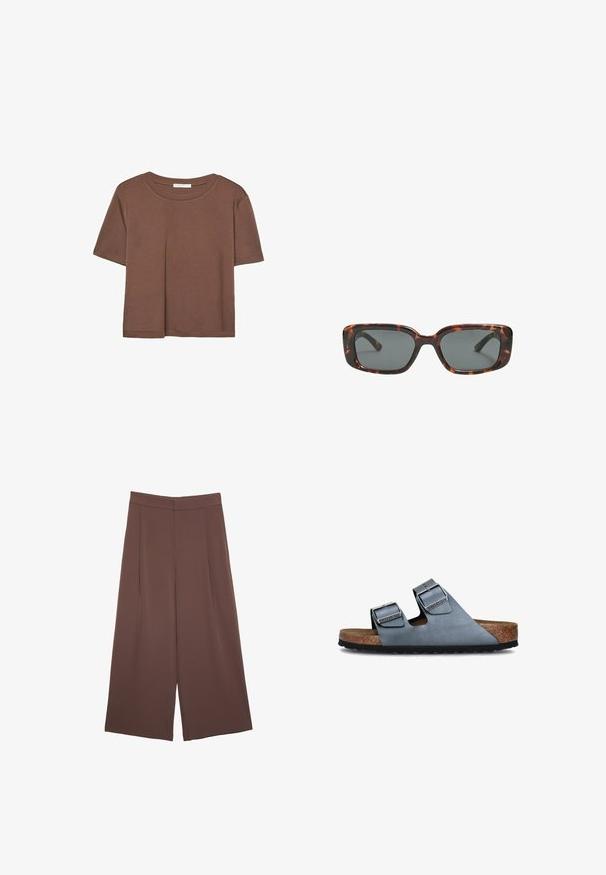 T-shirt marron à manches courtes en tissu doux, avec un col rond et une coupe décontractée. Aucun motif ni accent visible.; Pantalons larges marron avec une texture lisse, dotés d'une taille haute et de plis à l'avant. Le tissu est léger et tombe de manière fluide.; Sandales à deux lanières en cuir bleu doux avec une semelle en liège et une semelle extérieure en caoutchouc noir. Caractéristiques des boucles en argent brillant sur chaque lanière.; Lunettes de soleil en écaille de tortue avec des verres rectangulaires, monture épaisse et verres teintés foncés. Texture lisse et design minimaliste.