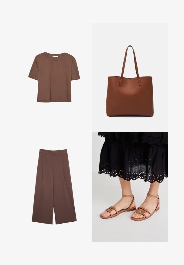 Brun kortærmet t-shirt lavet af blødt stof, med rund halsudskæring og afslappet pasform. Ingen synlige mønstre eller detaljer.; Brune bredbunde bukser med en glat tekstur, der har høj talje og plisseringer foran. Stoffet er let og falder løst.; Lysbrune lædersandaler med flad sål, der har strukturerede stropper og en justerbar ankelspænde, parret med en sort øjet nederdel.; Brun læder tote taske med en glat overflade, åben topdesign og to skulderremme. Har minimal syning og ingen synlig hardware.