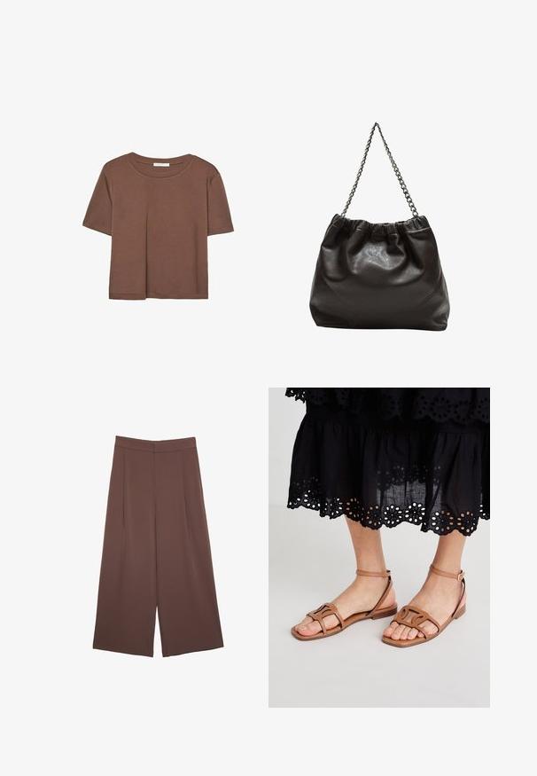 Brun kortærmet t-shirt lavet af blødt stof, med rund halsudskæring og afslappet pasform. Ingen synlige mønstre eller detaljer.; Brune bredbunde bukser med en glat tekstur, der har høj talje og plisseringer foran. Stoffet er let og falder løst.; Lysbrune lædersandaler med flad sål, der har strukturerede stropper og en justerbar ankelspænde, parret med en sort øjet nederdel.; Brun lædertaske med en rynket top og en kædestrop. Glat tekstur med en blank finish og subtile sømdetaljer på siderne.