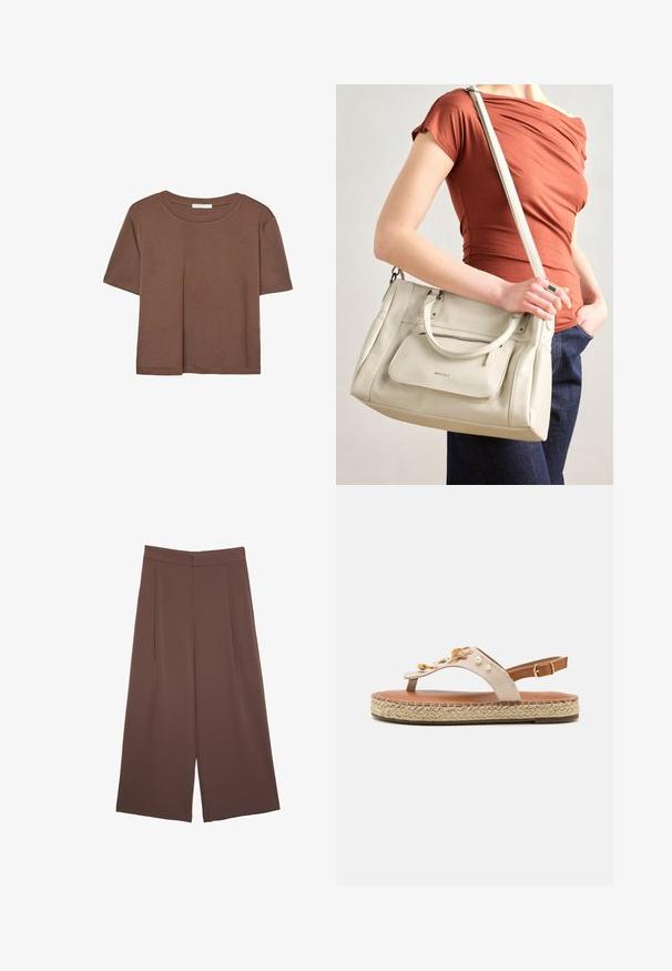 Maglietta a maniche corte marrone realizzata in tessuto morbido, con scollatura rotonda e vestibilità rilassata. Nessun motivo o dettaglio visibile.; Pantaloni ampi marroni con una texture liscia, caratterizzati da una vita alta e pieghe frontali. Il tessuto è leggero e scorre liberamente.; Sandalo con cinturino in pelle beige e decorazioni in perle, con suola in stile espadrillas. Cinturino alla caviglia regolabile e dettagli in juta intrecciata sulla piattaforma.; Borsa a tracolla bianca in pelle con doppi manici e tracolla staccabile, dotata di una tasca con zip frontale e texture liscia. Portata al braccio di una persona.