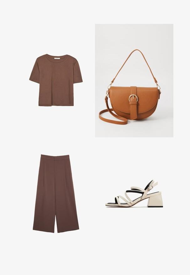 Brun kortærmet t-shirt lavet af blødt stof, med rund halsudskæring og afslappet pasform. Ingen synlige mønstre eller detaljer.; Brune bredbunde bukser med en glat tekstur, der har høj talje og plisseringer foran. Stoffet er let og falder løst.; Sandaler med hæl i cremefarvet læder med blokhæl. Har tynde stropper og en sort sål, med en justerbar ankelspænde.; Brun læder crossbody taske med en buet form, guldfarvet hardware og en spændeaccent. Har en aftagelig skulderrem.