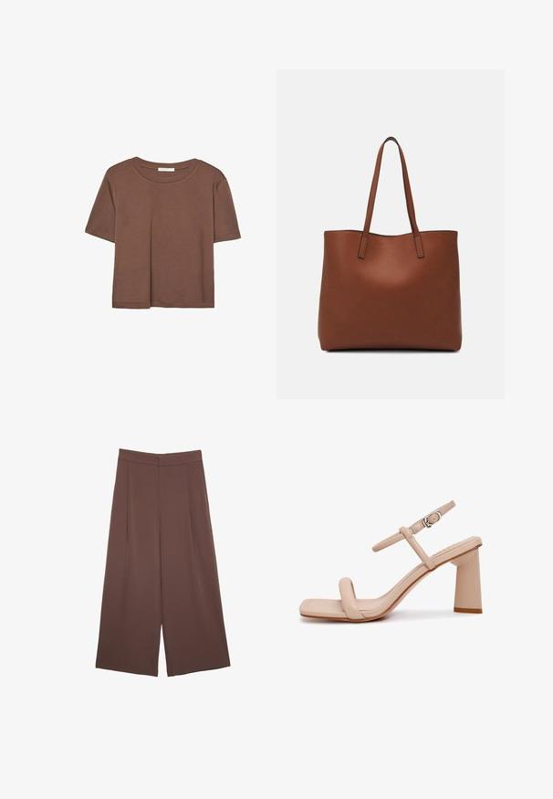 Kahvinsävyinen lyhythihainen t-paita, joka on valmistettu pehmeästä kankaasta. Pyöreä pääntie ja rento malli. Ei näkyviä kuvioita tai koristeita.; Ruskeat leveälahkeiset housut, joissa on sileä pinta, korkea vyötärö ja etupleat. Kangas on kevyttä ja laskeutuu väljänä.; Beige korkokenkilöt, joissa on neliön muotoinen kärki, yksi hihna jalan yli, säädettävä nilkkahihna, teksturoitu nahka ja paksu lohkokorko.; Ruskea nahkainen olkalaukku, jossa on sileä pinta, avoin yläosa ja kaksi olkahihnaa. Omaavat vain minimaalisen ompelun eikä näkyvää metalliosaa.