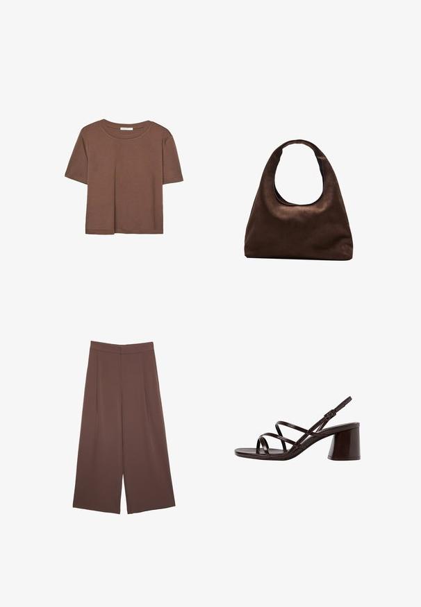 Maglietta a maniche corte marrone realizzata in tessuto morbido, con scollatura rotonda e vestibilità rilassata. Nessun motivo o dettaglio visibile.; Pantaloni ampi marroni con una texture liscia, caratterizzati da una vita alta e pieghe frontali. Il tessuto è leggero e scorre liberamente.; Sandali marroni con tacco, dalla finitura lucida, dotati di multiple cinghie sottili e un tacco a blocco spesso per una maggiore stabilità.; Borsa hobo di un morbido marrone con una sola tracolla larga e un'apertura a manico curvo, esposta su uno sfondo bianco.