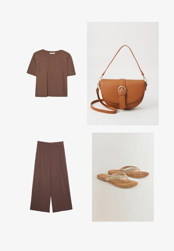 Hnědé tričko s krátkým rukávem vyrobené z měkké látky, s kulatým výstřihem a volným střihem. Bez viditelných vzorů nebo dekorací.; Hnědé široké kalhoty s hladkou texturou, vysokým pasem a předními záhyby. Materiál je lehký a volně splývá.; Hnědé flip-flop sandály s měkkou stélkou, které mají na pásku pletené akcenty v béžové, bílé a zlaté barvě pro zvýšení detailu.; Hnědá kožená křížová taška s zakřiveným tvarem, zlatými detaily a akcentem s přezkou. Obsahuje odnímatelný popruh na rameno.