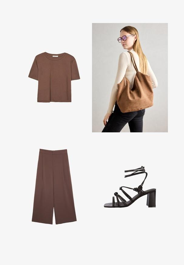 Brązowa koszulka z krótkim rękawem, wykonana z miękkiego materiału, z okrągłym dekoltem i luźnym krojem. Brak widocznych wzorów lub akcentów.; Brązowe spodnie o szerokich nogawkach z gładką fakturą, z wysokim stanem i plisami z przodu. Materiał jest lekki i luźno opada.; Czarne sandały na obcasie z plecionymi paseczkami, masywnym słupkiem i płaskim kwadratowym noskiem. Wykonane z gładkiej skóry o fakturowanym wykończeniu.; Brązowa torebka typu tote wykonana z zamszu o miękkiej teksturze, z dużym otwarciem i długimi paskami. Charakteryzuje się prostym designem z widocznymi szwami i bez elementów metalowych.