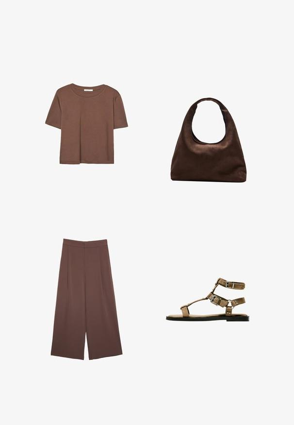 Hnědé tričko s krátkým rukávem vyrobené z měkké látky, s kulatým výstřihem a volným střihem. Bez viditelných vzorů nebo dekorací.; Hnědé široké kalhoty s hladkou texturou, vysokým pasem a předními záhyby. Materiál je lehký a volně splývá.; Hnědé semišové sandály s více pásky a stříbrnými přezkami, plochou podešví, otevřenou špičkou a jemnými hřebíčkovými detaily.; Měkká hnědá kabelka ve stylu hobo s jedním širokým popruhem a zakřiveným horním otvorem, vystavená na bílém pozadí.