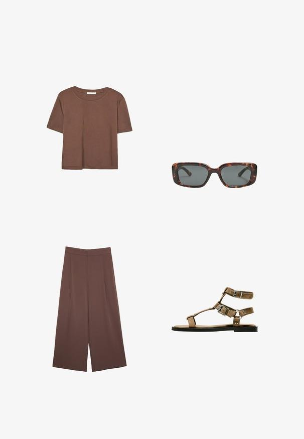Kahvinsävyinen lyhythihainen t-paita, joka on valmistettu pehmeästä kankaasta. Pyöreä pääntie ja rento malli. Ei näkyviä kuvioita tai koristeita.; Ruskeat leveälahkeiset housut, joissa on sileä pinta, korkea vyötärö ja etupleat. Kangas on kevyttä ja laskeutuu väljänä.; Ruske suède sandale s višestrukim trakama i srebrnim kopčama, ravnim đonom, otvorenim prstima i suptilnim zakovice.; Silmälasit pähkinäkuoresta, joissa on suorakulmaiset linssit, paksut kehykset ja tummennetut linssit. Sileä pinta ja minimalistinen muotoilu.