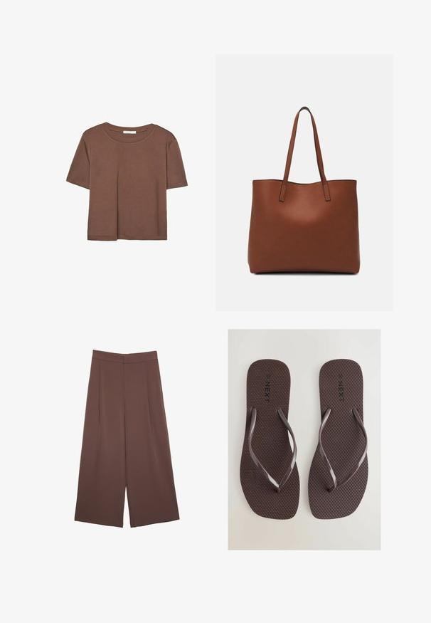 Maglietta a maniche corte marrone realizzata in tessuto morbido, con scollatura rotonda e vestibilità rilassata. Nessun motivo o dettaglio visibile.; Pantaloni ampi marroni con una texture liscia, caratterizzati da una vita alta e pieghe frontali. Il tessuto è leggero e scorre liberamente.; Next SQUARE TOE - Infradito da bagno - chocolate brown; Borsa tote in pelle marrone con texture liscia, design con apertura superiore e due spallacci. Presenta cuciture minime e nessun hardware visibile.