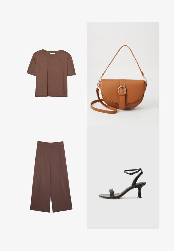Korte mouwen T-shirt in bruin, gemaakt van een zachte stof, met een ronde halslijn en een relaxte pasvorm. Geen zichtbare patronen of accenten.; Bruine wijde broek met een gladde textuur, voorzien van een hoge taille en plooien aan de voorkant. De stof is lichtgewicht en valt losjes.; Zwarte leren sandaal met hak en enkelbandje, met een strak ontwerp, open neus en een taps toelopende hak voor een gestroomlijnde silhoutte.; Bruine leren schoudertas met een gebogen vorm, gouden hardware en een gespaccent. Bevat een afneembare schouderriem.