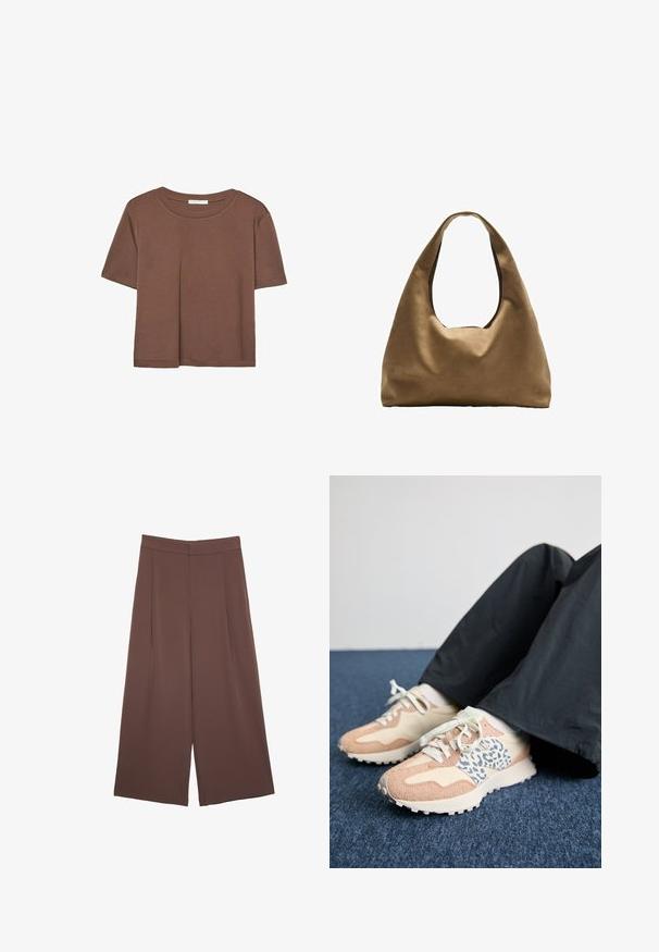 Braunes, kurzärmliges T-Shirt aus weichem Material mit rundem Halsausschnitt und lockerer Passform. Keine sichtbaren Muster oder Akzente.; Braune Weite-Leg-Hosen mit einer glatten Textur, hoher Taille und Vorderfalten. Der Stoff ist leicht und fällt locker.; Sneaker in einem pink-beigen Farbschema, mit einem Leopardenmuster-Panel, weißen Schnürsenkeln und strukturierten Wildleder-Akzenten.; Braune Stoffschultertasche mit einem breiten, runden Körper und einem großen Ausschnittgriff. Sanfte Textur, minimalistisches Design und keine sichtbaren Beschläge.