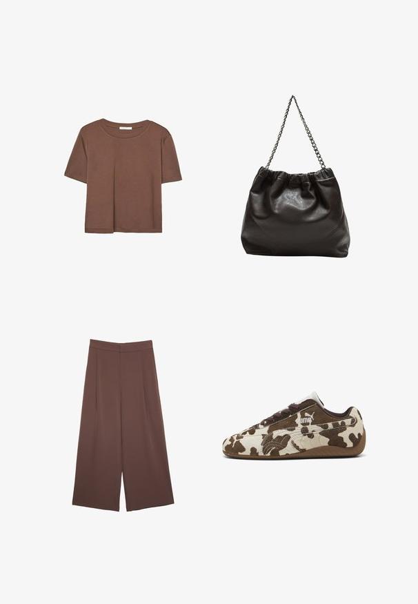 Brązowa koszulka z krótkim rękawem, wykonana z miękkiego materiału, z okrągłym dekoltem i luźnym krojem. Brak widocznych wzorów lub akcentów.; Brązowe spodnie o szerokich nogawkach z gładką fakturą, z wysokim stanem i plisami z przodu. Materiał jest lekki i luźno opada.; Brązowo-kremowe sneakersy w plamki w krowi wzór, wykonane z zamszowego materiału, z okrągłym nosem i gumową podeszwą. Posiadają sznurowadła oraz logo Pumy z boku.; Brązowa skórzana torba z marszczonym szczytem i łańcuszkowym paskiem. Gładka tekstura z błyszczącym wykończeniem i subtelnymi detalami szwów po bokach.