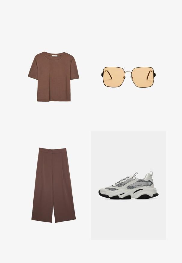 Maglietta a maniche corte marrone realizzata in tessuto morbido, con scollatura rotonda e vestibilità rilassata. Nessun motivo o dettaglio visibile.; Pantaloni ampi marroni con una texture liscia, caratterizzati da una vita alta e pieghe frontali. Il tessuto è leggero e scorre liberamente.; Sneaker sportive bianche con pannelli in rete, dettagli grigi e suole in gomma nera. Presentano lacci, un inserto per il pollice e etichettatura del marchio.; Occhiali da sole quadrati con lenti marroni e una sottile montatura in metallo nero. Presentano tempie angolari e naselli regolabili per il massimo comfort.; Borsa finta coccodrillo gialla con design strutturato, manico superiore, tracolla a catena removibile e abbellimenti in cristallo decorativi sulla chiusura.