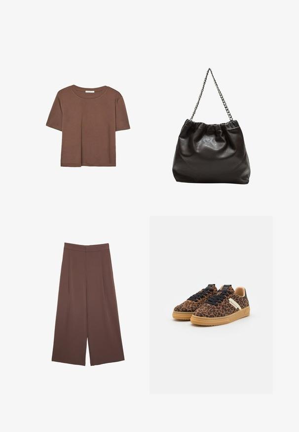 Braunes, kurzärmliges T-Shirt aus weichem Material mit rundem Halsausschnitt und lockerer Passform. Keine sichtbaren Muster oder Akzente.; Braune Weite-Leg-Hosen mit einer glatten Textur, hoher Taille und Vorderfalten. Der Stoff ist leicht und fällt locker.; Ein Paar braune Sneakers mit Leopardenmuster, schwarzen Schnürsenkeln, beigen Gummisohlen und weißen Seitendetails auf einem weißen Hintergrund.; Braune Lederhandtasche mit gerafftem Oberteil und Kettenriemen. Glatte Textur mit glänzendem Finish und subtilen Nahtdetails an den Seiten.
