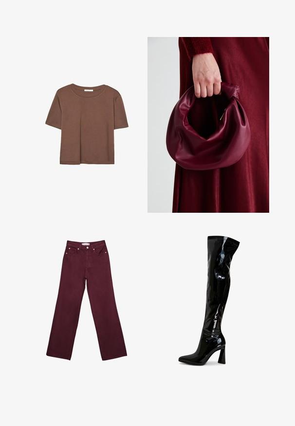 Kahvinsävyinen lyhythihainen t-paita, joka on valmistettu pehmeästä kankaasta. Pyöreä pääntie ja rento malli. Ei näkyviä kuvioita tai koristeita.; Burgundy korkeavyötäröiset farkut suoranlahkeisella designilla, joissa on etutaskut, nappisuljenta ja kuparinvärisiä varusteita.; Musta yli polven saappaat, jotka on valmistettu kiiltävästä patenttinatusta, jossa on tyylikäs muotoilu, teräväkärkinen ja löysä korko.; Burgundy-nahkakäsilaukku, jossa on pehmeä, ryppyinen muotoilu ja pyöreä muoto. Kahva on kiinnitetty tukevasti, ja siinä on sileä pinta.