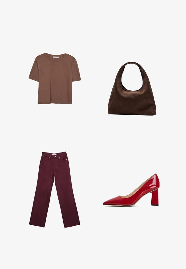 Smeđi kratki rukav majica od mekog materijala, s okruglim izrezom i opuštenim krojem. Nema vidljivih uzoraka ili naglasaka.; Burgundske traperice visoki struk, ravnog kroja, s prednjim džepovima, gumbom za zatvaranje i akcentima od bakrenog tona.; Crvene lakirane kožne cipele na visoku petu sovu špicastim vrhom i debelim kvadratnim potpeticom. Glatka tekstura i minimalistički dizajn.; Meka mekana smeđa torba hobo stila s jednim širokim remenom i zakrivljenim otvaranjem na vrhu, prikazana na bijeloj pozadini.