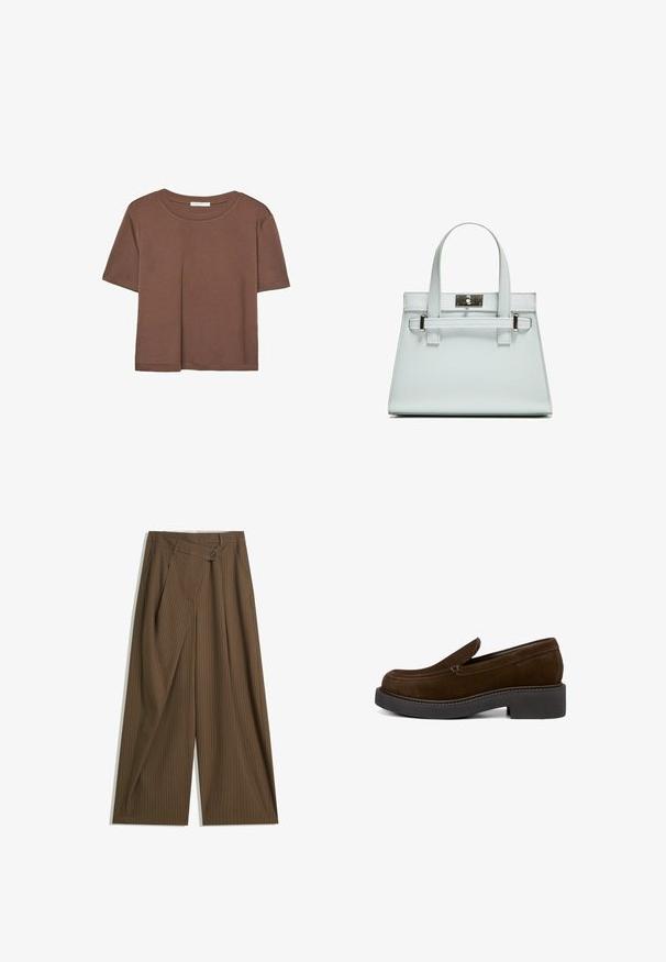 Braunes, kurzärmliges T-Shirt aus weichem Material mit rundem Halsausschnitt und lockerer Passform. Keine sichtbaren Muster oder Akzente.; Braune weite Hose mit dünnen weißen Streifen, hoher Taillenschnitt, vorderer Knopfverschluss und Überwurfpanel im Wickelstil.; Braune Wildlederschlupfschuhe mit modernem Design, runder Spitze und klobiger schwarzer Plateausohle. Auffällige Steppnähte entlang der Kante.; Helle blaue Handtasche mit strukturiertem Design, zwei Griffen und einem Beschlag aus silberfarbenem Metall. Texturiertes Material und scharfe Ecken.