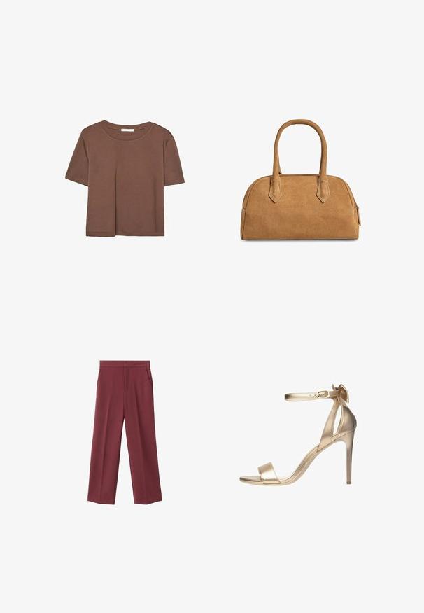 Brun kortærmet t-shirt lavet af blødt stof, med rund halsudskæring og afslappet pasform. Ingen synlige mønstre eller detaljer.; Bordeaux bredde bukser med en glat tekstur, der har sidelommer og et højt talje design. Skræddersyet med en ren frontfold.; Guldmetalisk højhælet sandal med en tynd ankelrem, åbent tåparti og en glat overflade. Har en delikat sløjfeaccent på hælen.; Tan ruskinds håndtaske med en struktureret form, der har to håndtag, trekantede udskæringer og en lynlås på toppen til lukning.