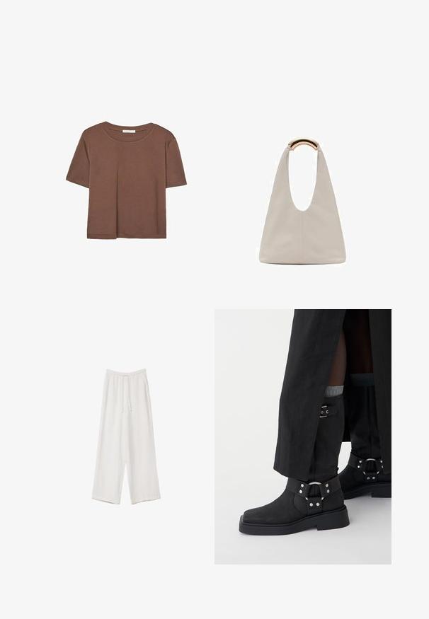 Brun kortärmad t-shirt i mjukt tyg, med rund halsringning och avslappnad passform. Inga synliga mönster eller detaljer.; Vita vida byxor i vid passform gjorda av ett lättviktsmaterial. Har en elastisk midja med dragsko och sidofickor. Slät textur.; Svarta ankelstövlar i läder med en matt yta, fyrkantig tå och dekorativa spännen. Sulan är kraftig och texturerad.; Ljusgrå läderväska med en U-formad design och ett böjt metallhandtag. Slät textur med minimal sömnad och inga synliga mönster.
