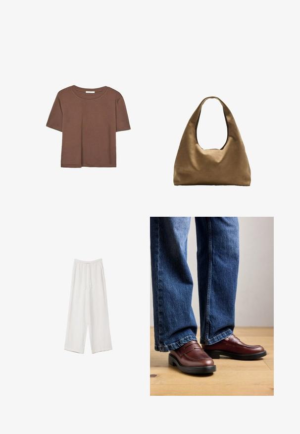 Braunes, kurzärmliges T-Shirt aus weichem Material mit rundem Halsausschnitt und lockerer Passform. Keine sichtbaren Muster oder Akzente.; Weiße weit geschnittene Hose aus leichtem Stoff. Mit einem elastischen Bund und Kordelzug sowie Seitentaschen. Glatte Textur.; Person, der braune Lederloafers und eine blaue Jeans trägt, steht auf einem Holzfußboden vor einem neutralen Hintergrund.; Braune Stoffschultertasche mit einem breiten, runden Körper und einem großen Ausschnittgriff. Sanfte Textur, minimalistisches Design und keine sichtbaren Beschläge.