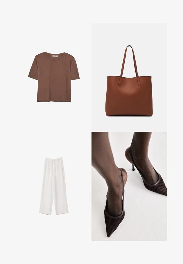 T-shirt marron à manches courtes en tissu doux, avec un col rond et une coupe décontractée. Aucun motif ni accent visible.; Pantalons larges blancs en tissu léger. Dotés d'une taille élastique avec cordon de serrage et de poches latérales. Texture lisse.; Des escarpins bruns à bout pointu avec un mesh texturé, un design slingback et un fin talon aiguille, sur un fond neutre.; Sac fourre-tout en cuir marron avec une texture lisse, design à ouverture supérieure et deux poignées pour le porter à l'épaule. Présente des coutures minimales et aucun matériel visible.
