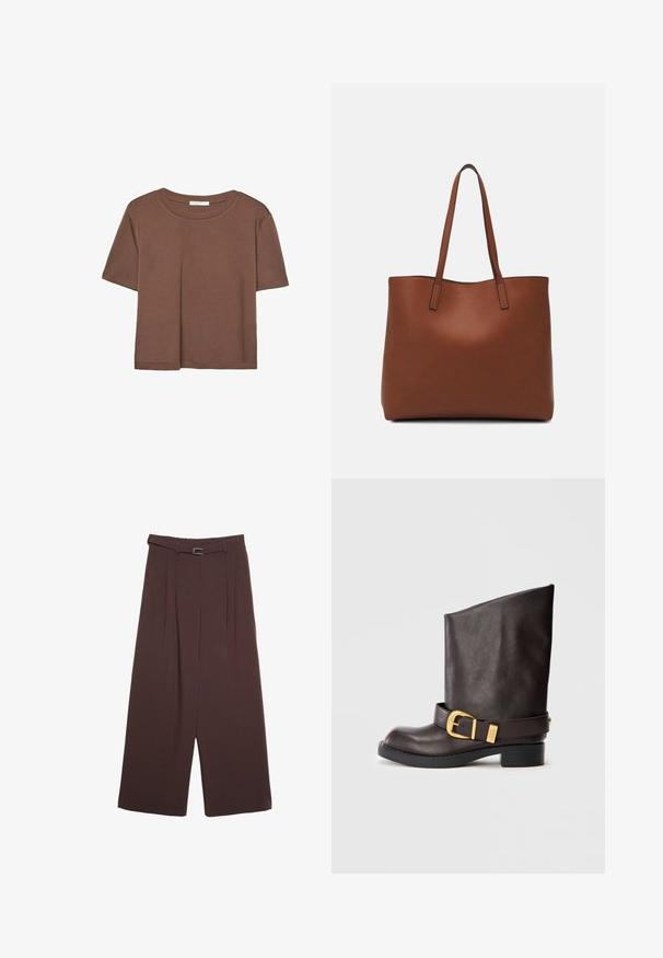 Brązowa koszulka z krótkim rękawem, wykonana z miękkiego materiału, z okrągłym dekoltem i luźnym krojem. Brak widocznych wzorów lub akcentów.; Stradivarius - Spodnie materiałowe; Ciemnobrązowe skórzane botki sięgające do połowy łydki, z czarną podeszwą, niskim obcasem oraz dekoracyjnym złotym paskiem z klamrą wokół kostki, pokazane z boku.; Brązowa skórzana torba tote o gładkiej fakturze, z otwartym wierzchem i dwoma ramiączkami. Charakteryzuje się minimalnym przeszyciem i brakiem widocznych elementów metalowych.