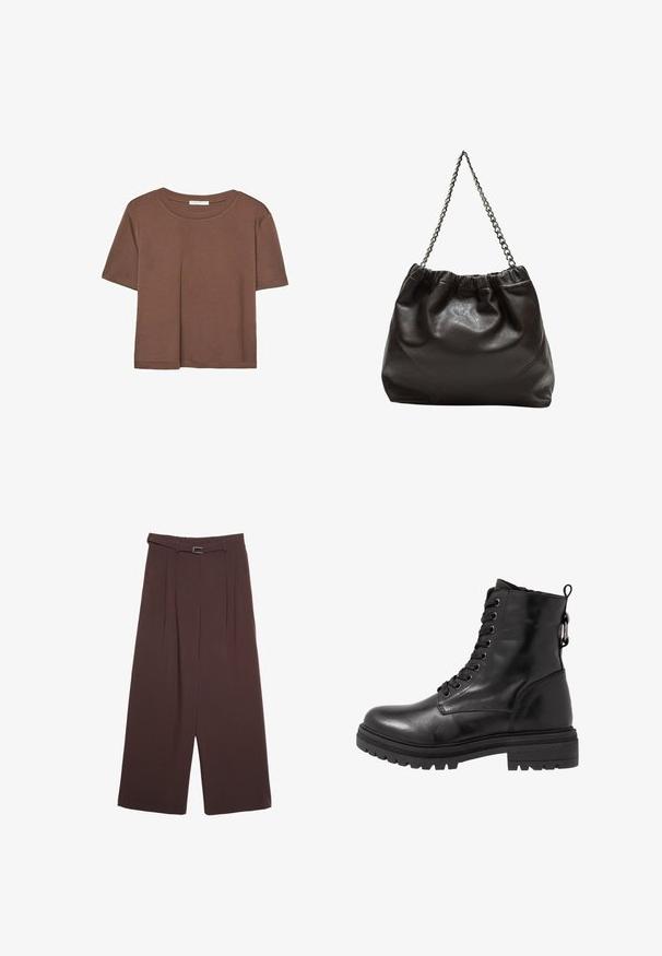 Brązowa koszulka z krótkim rękawem, wykonana z miękkiego materiału, z okrągłym dekoltem i luźnym krojem. Brak widocznych wzorów lub akcentów.; Stradivarius - Spodnie materiałowe; Czarny skórzany botek za kostkę z okrągłym noskiem, sznurówką z przodu i teksturowaną gumową podeszwą. Posiada pętelkę z tyłu i wzmocnione szwy.; Brązowa skórzana torba z marszczonym szczytem i łańcuszkowym paskiem. Gładka tekstura z błyszczącym wykończeniem i subtelnymi detalami szwów po bokach.