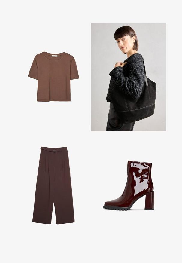 Brązowa koszulka z krótkim rękawem, wykonana z miękkiego materiału, z okrągłym dekoltem i luźnym krojem. Brak widocznych wzorów lub akcentów.; Stradivarius - Spodnie materiałowe; Błyszcząca burgundowa botka za kostkę z kwadratowym noskiem, masywnym przezroczystym obcasem i teksturowaną czarną podeszwą. Gładka powierzchnia o wysokim połysku.; Czarna torba tote zamszowa o gładkiej fakturze, strukturalnym kształcie i kontrastowym przeszyciu. Posiada długie rączki do noszenia na ramieniu.