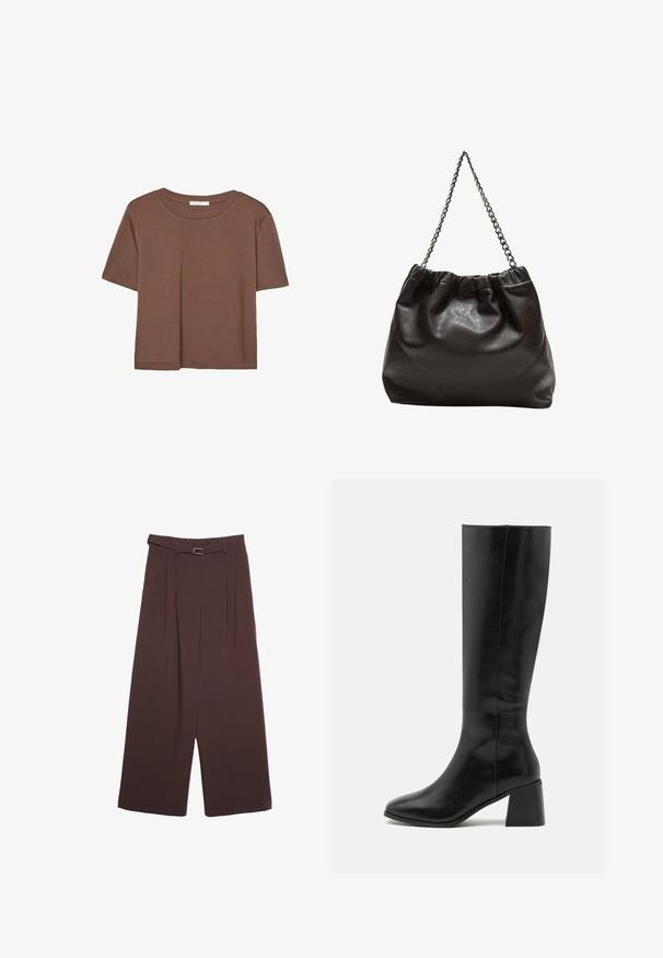 Maglietta a maniche corte marrone realizzata in tessuto morbido, con scollatura rotonda e vestibilità rilassata. Nessun motivo o dettaglio visibile.; Stradivarius WIDE-LEG WITH BUCKLE DETAIL - Pantaloni - dark brown; ONLY SHOES ONLBIJOU KNEE HIGH BOOT - Stivali alti - black; Borsa in pelle marrone con parte superiore arricciata e tracolla a catena. Texture liscia con finitura lucida e dettagli di cucitura sottili sui lati.; Stradivarius FLORAL - Collana - beige