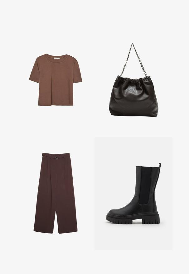 Rjava kratka majica s kratkimi rokavi iz mehkega materiala, s krožnim izrezom in ohlapnim krojem. Brez vidnih vzorcev ali dodatkov.; Stradivarius WIDE-LEG WITH BUCKLE DETAIL - Hlače - dark brown; Črne gležnjarje iz usnja z teksturirano površino, elastičnimi stranskimi paneli in debelim, rebrastim podplatom za dodatno oprijemljivost.; Rjava usnjena torba z nabranim vrhom in verižnim trakom. Gladka tekstura z sijajno površino in subtilnimi šivi na straneh.