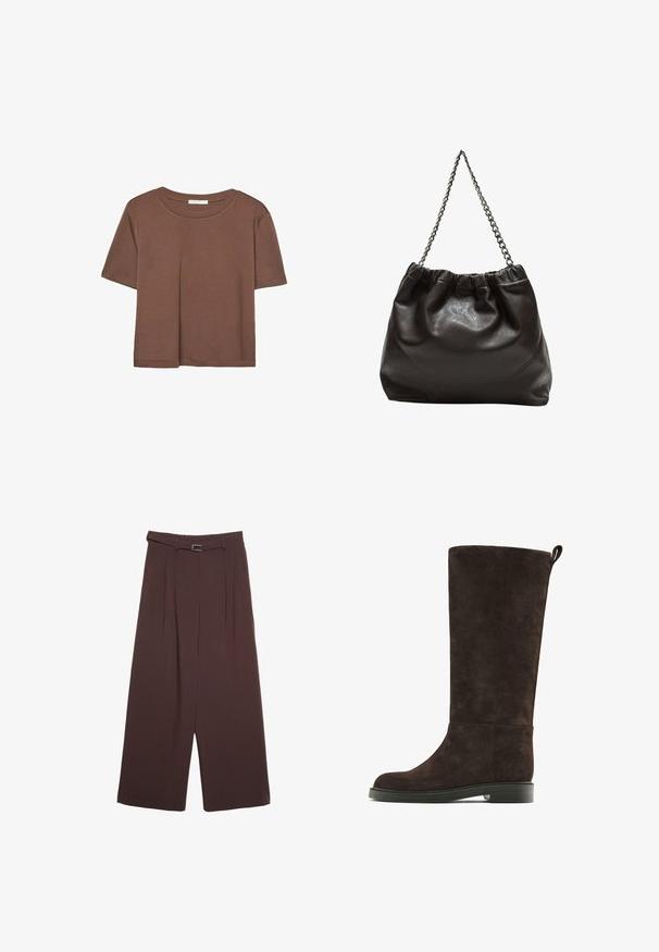 Brązowa koszulka z krótkim rękawem, wykonana z miękkiego materiału, z okrągłym dekoltem i luźnym krojem. Brak widocznych wzorów lub akcentów.; Stradivarius - Spodnie materiałowe; Brązowy zamszowy botek do kolan z okrągłym noskiem, płaską podeszwą i niskim obcasem. Posiada tylną pętelkę do łatwego zakładania.; Brązowa skórzana torba z marszczonym szczytem i łańcuszkowym paskiem. Gładka tekstura z błyszczącym wykończeniem i subtelnymi detalami szwów po bokach.