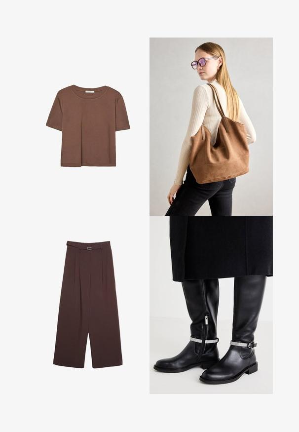 Smeđi kratki rukav majica od mekog materijala, s okruglim izrezom i opuštenim krojem. Nema vidljivih uzoraka ili naglasaka.; Stradivarius WIDE-LEG WITH BUCKLE DETAIL - Hlače - dark brown; Crne kožne čizme do koljena sa bočnim patentnim zatvaračem, sadrže srebrnu kopču oko zapešća i nisku blok petu.; Smeđa suede torba sa mekom teksturom, širokim otvorom i dugim trakama. Ima jednostavan dizajn s vidljivim šavovima i bez hardvera.