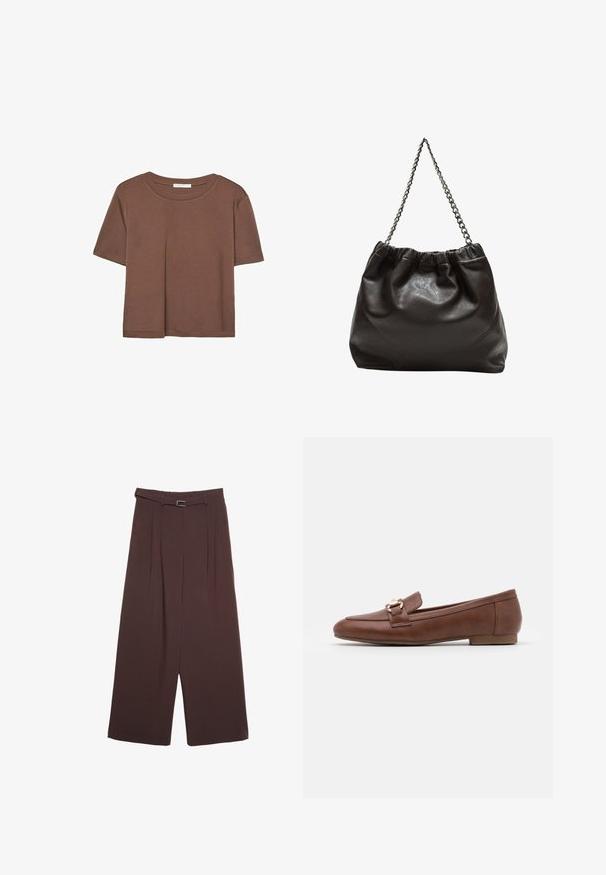 Braunes, kurzärmliges T-Shirt aus weichem Material mit rundem Halsausschnitt und lockerer Passform. Keine sichtbaren Muster oder Akzente.; Stradivarius WIDE-LEG WITH BUCKLE DETAIL - Stoffhose - dark brown; Braune Lederloafers mit flacher Sohle, gesticktem Design und einer goldfarbenen Schnalle auf dem Riemen über dem Spann.; Braune Lederhandtasche mit gerafftem Oberteil und Kettenriemen. Glatte Textur mit glänzendem Finish und subtilen Nahtdetails an den Seiten.