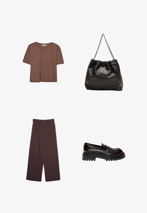 Hnedé tričko s krátkym rukávom vyrobené z jemného materiálu, s okrúhlym výstrihom a voľným strihom. Žiadne viditeľné vzory ani akcenty.; Stradivarius WIDE-LEG WITH BUCKLE DETAIL - Nohavice - dark brown; Tmavo hnedé lesklé kožené mokasíny s masívnou čiernou profilovou podrážkou a klasickým dizajnom pásku na mince.; Hnedá kožená taška so zberaným vrchom a reťazovým popruhom. Hladký povrch s lesklým finišom a jemným švom po stranách.