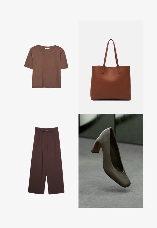 Hnedé tričko s krátkym rukávom vyrobené z jemného materiálu, s okrúhlym výstrihom a voľným strihom. Žiadne viditeľné vzory ani akcenty.; Stradivarius WIDE-LEG WITH BUCKLE DETAIL - Nohavice - dark brown; Tmavoolivovo zelená kožená vysoká topánka na opätku so štvorcovou špičkou a blokovým opätkom, plávajúca nad sivým betónovým podlahou s rozmazaným zeleným pozadím.; Hnedá kožená taška na rameno s hladkou textúrou, otvoreným vrchom a dvoma ramenými popruhmi. Má minimálne šitia a žiadne viditeľné kovania.