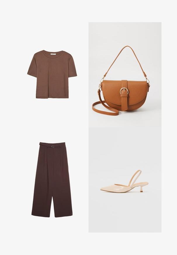 Brun kortærmet t-shirt lavet af blødt stof, med rund halsudskæring og afslappet pasform. Ingen synlige mønstre eller detaljer.; Stradivarius WIDE-LEG WITH BUCKLE DETAIL - Bukser - dark brown; Beige patenteret læder slingback høje med spids tå og en slank, firkantet hæl. Glat tekstur og minimalistisk design uden udsmykninger.; Brun læder crossbody taske med en buet form, guldfarvet hardware og en spændeaccent. Har en aftagelig skulderrem.