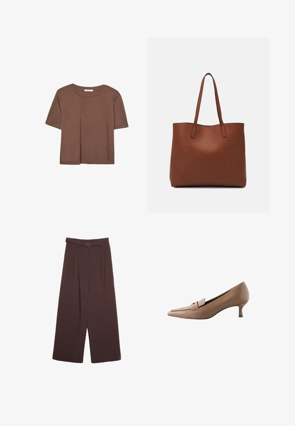 Rjava kratka majica s kratkimi rokavi iz mehkega materiala, s krožnim izrezom in ohlapnim krojem. Brez vidnih vzorcev ali dodatkov.; Stradivarius WIDE-LEG WITH BUCKLE DETAIL - Hlače - dark brown; Bež usnjeni čevlji s koničastim nosom in majhno peto, ki imajo dekorativni trak in zaponko čez zgornji del. Gladka tekstura, eleganten dizajn.; Rjava usnjena torba z gladko teksturo, odprto zasnovo zgoraj in dvema naramnima trakovoma. Opremljena je z minimalnim šivanjem in brez vidnih kovinskih delov.