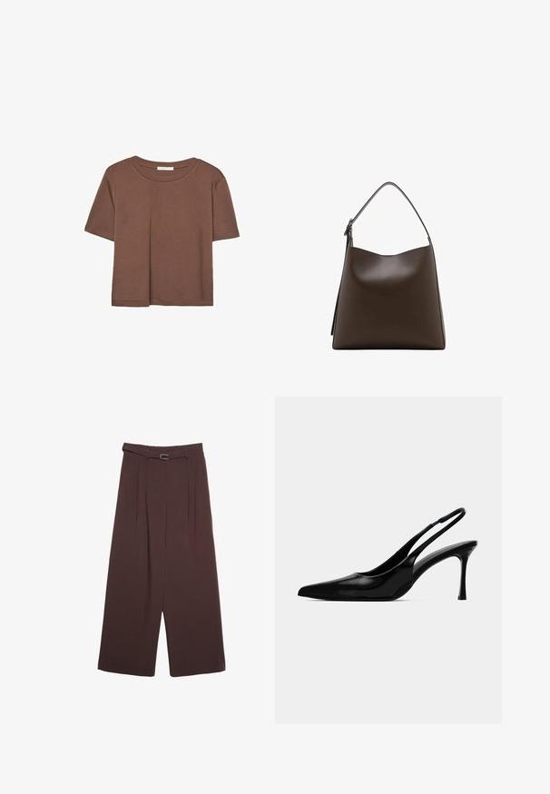 Hnědé tričko s krátkým rukávem vyrobené z měkké látky, s kulatým výstřihem a volným střihem. Bez viditelných vzorů nebo dekorací.; Stradivarius WIDE-LEG WITH BUCKLE DETAIL  - Kalhoty - dark brown; Černé lakované kožené lodičky na zavazování s špičatou špičkou, elegantní design a úzký stiletto podpatek. Hladký povrch, minimální zdobení.; Hnědá kožená kabelka s zakřiveným vrškem, jedním ramenním popruhem a hladkým povrchem. Má minimalistický design a otevřené zapínání.