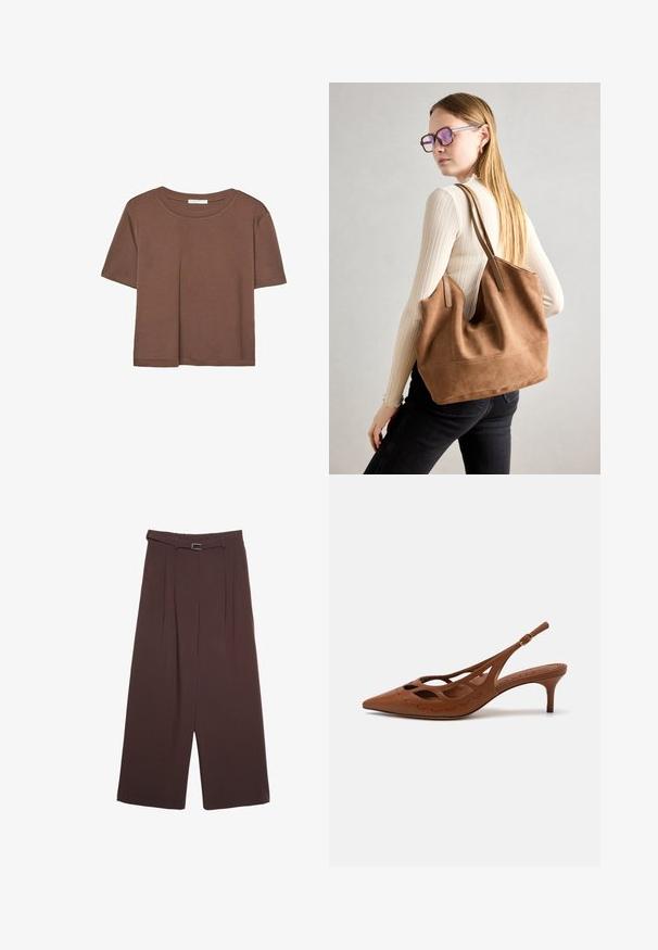 Braunes, kurzärmliges T-Shirt aus weichem Material mit rundem Halsausschnitt und lockerer Passform. Keine sichtbaren Muster oder Akzente.; Stradivarius WIDE-LEG WITH BUCKLE DETAIL - Stoffhose - dark brown; Braune Leder-Slingback-Peeptoe mit spitz zulaufender Zehenpartie, Ausschnitt-Design und genähten Details. Verfügt über einen schlanken Absatz und einen verstellbaren Riemen.; Braune Wildleder-Tasche mit weicher Textur, großer Öffnung und langen Trägern. Sie verfügt über ein simples Design mit sichtbarem Stich und ohne Beschläge.