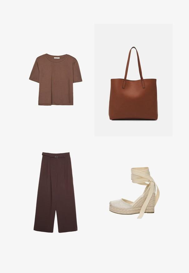 Brązowa koszulka z krótkim rękawem, wykonana z miękkiego materiału, z okrągłym dekoltem i luźnym krojem. Brak widocznych wzorów lub akcentów.; Stradivarius - Spodnie materiałowe; Beżowe espadryle na koturnie z teksturowanej tkaniny, z jutowym podniesieniem i długimi materiałowymi wiązaniami w kostkę. Charakteryzują się okrągłym noskiem oraz plecionym detalem na pięcie.; Brązowa skórzana torba tote o gładkiej fakturze, z otwartym wierzchem i dwoma ramiączkami. Charakteryzuje się minimalnym przeszyciem i brakiem widocznych elementów metalowych.