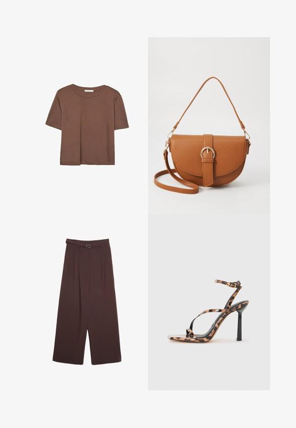 Brązowa koszulka z krótkim rękawem, wykonana z miękkiego materiału, z okrągłym dekoltem i luźnym krojem. Brak widocznych wzorów lub akcentów.; Stradivarius - Spodnie materiałowe; Sandały na wysokim obcasie z kwadratowym noskiem, z paskami, w cętkowanym wzorze w odcieniach brązu i czerni na błyszczącej powierzchni.; Brązowa skórzana torba na ramię o zaokrąglonym kształcie, ze złotymi akcentami i zapięciem w formie klamry. Posiada odpinany pasek na ramię.